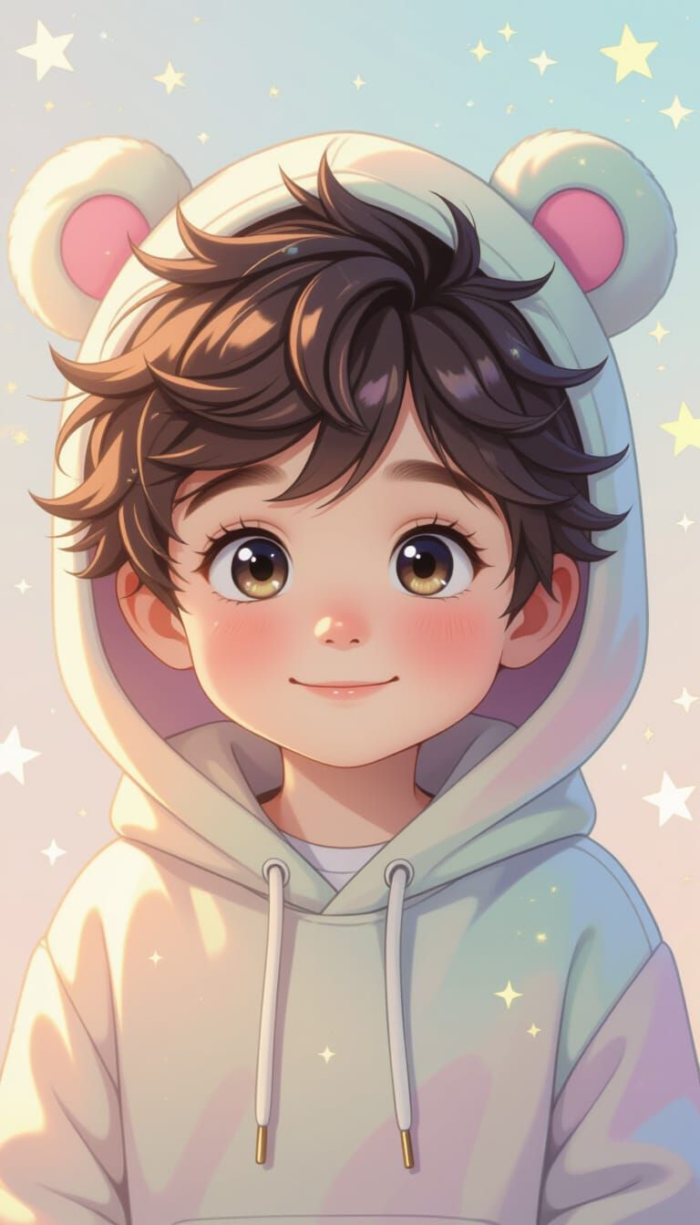 Boy with Bear Hoodie in Kawaii Style