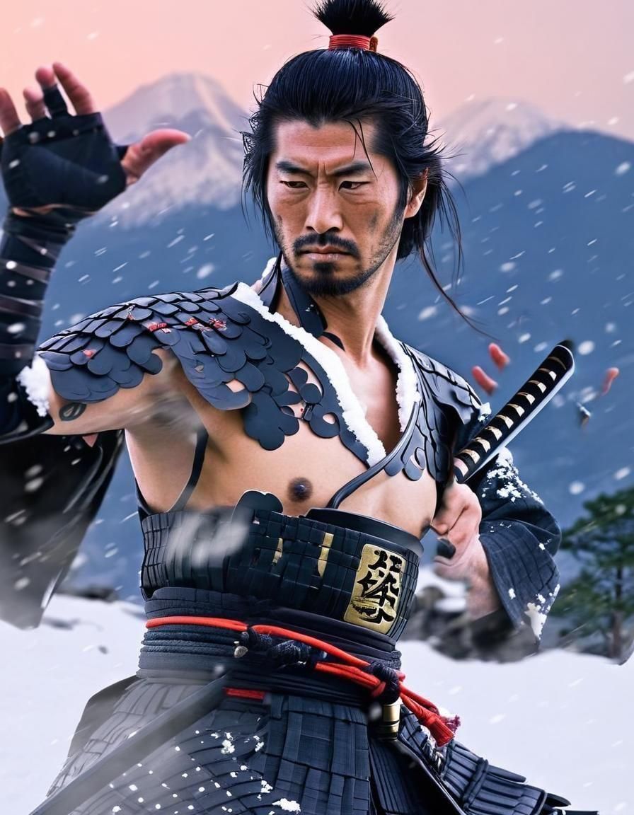 Samurai Warrior in Snowy Mountain Landscape