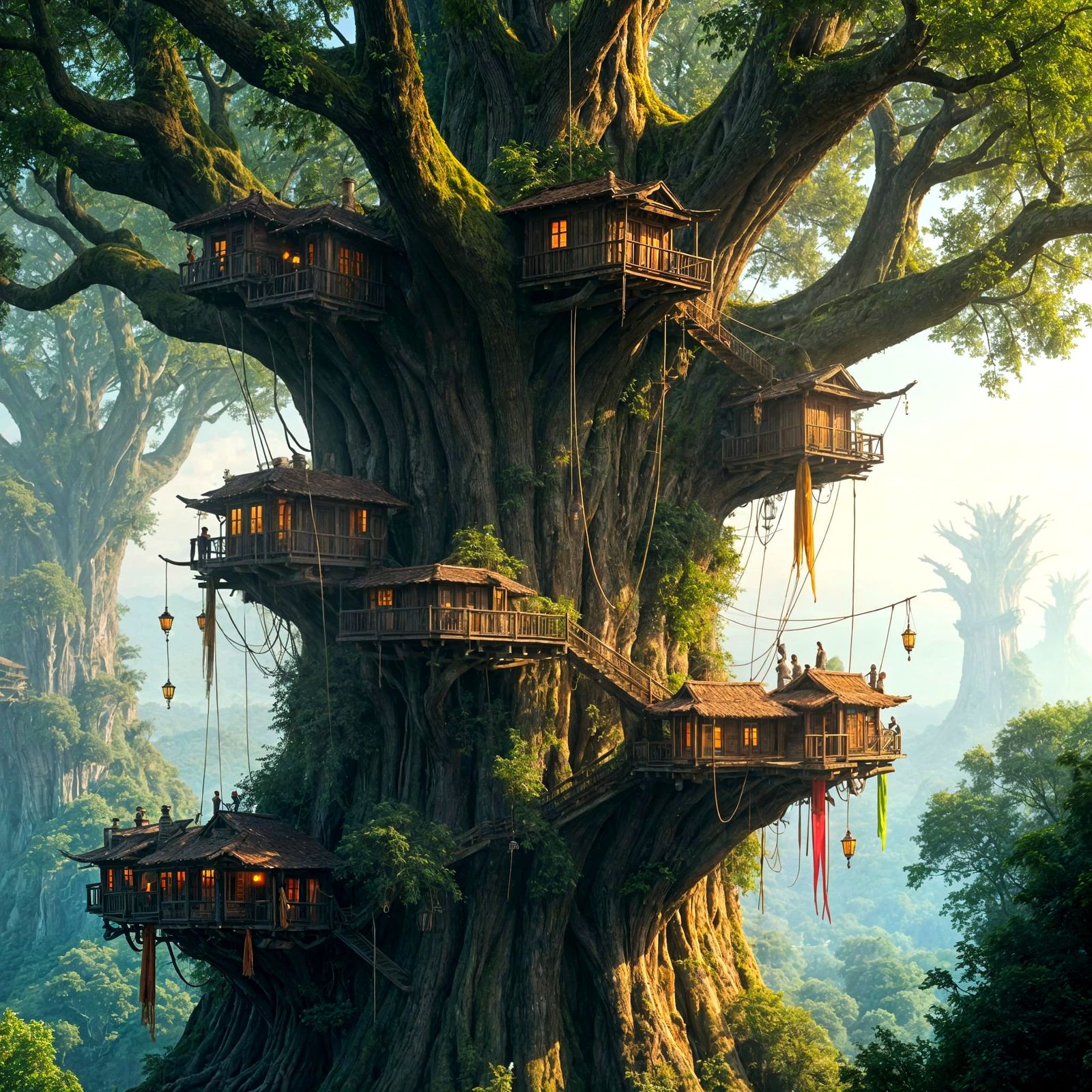 Enormous Tree Village Connected by Rope Bridges