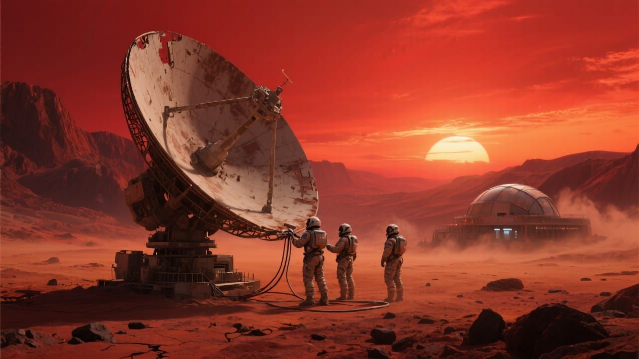 Astronauts Assemble Satellite Dish on Mars at Sunset