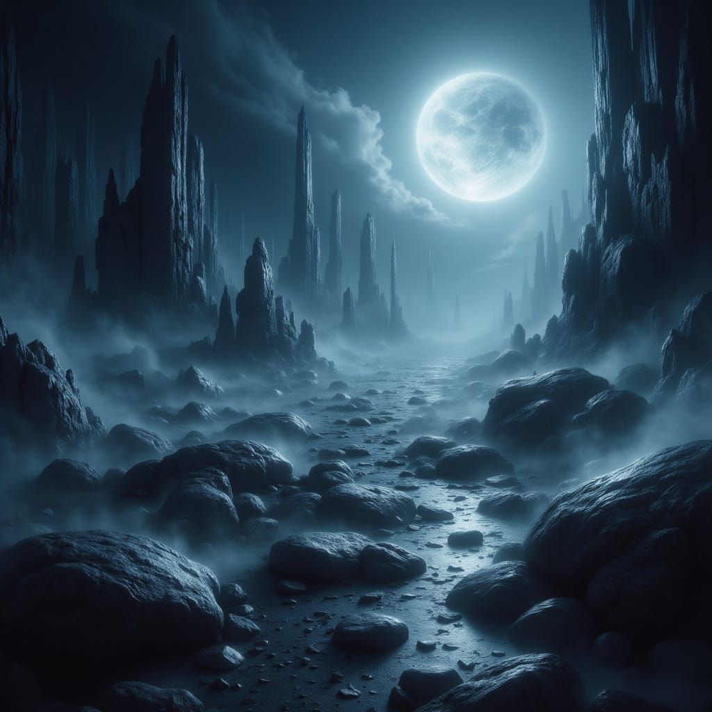 Ethereal Moonlit Stonescape in a Dreamlike Atmosphere