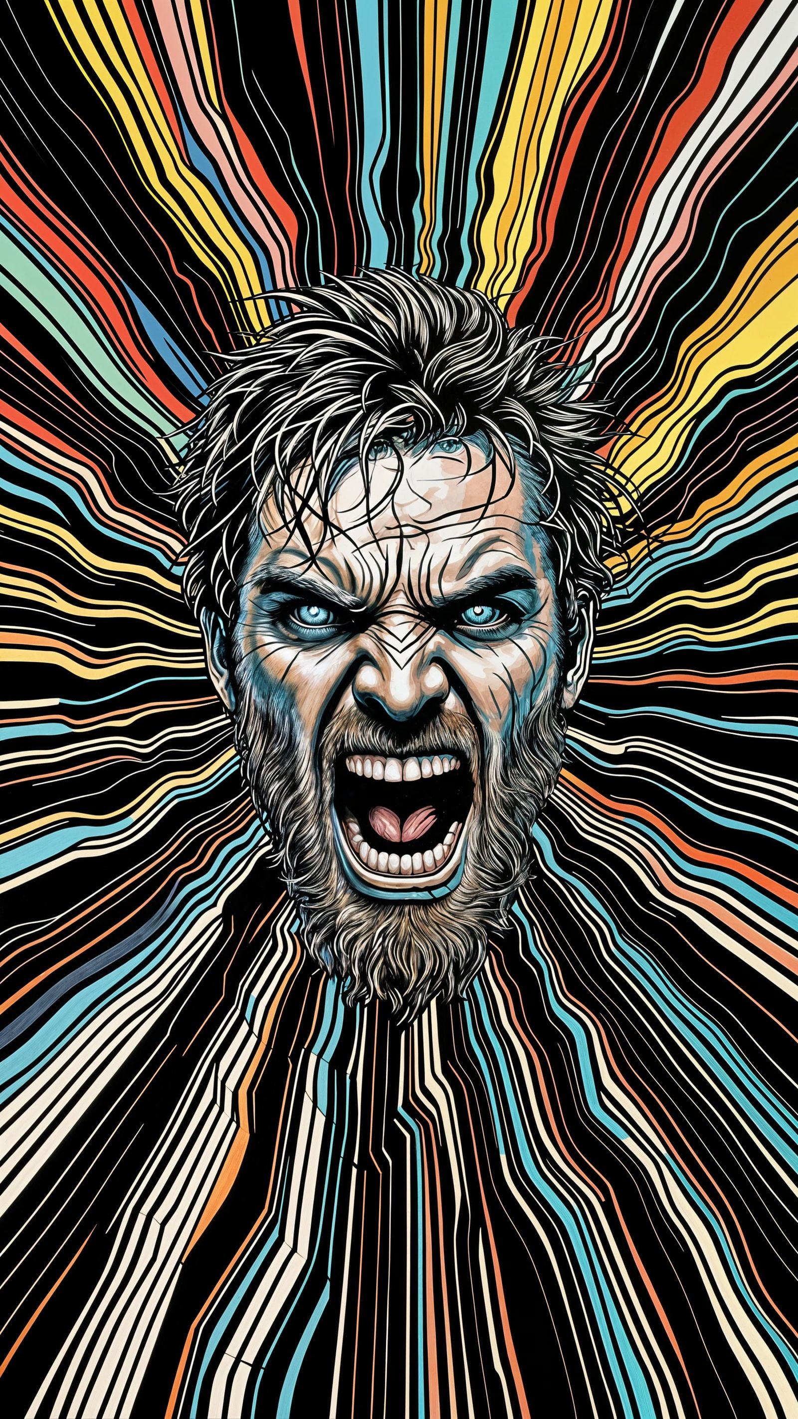 Geometric Background Unleashes Fierce Male Figure in Cyberpu...