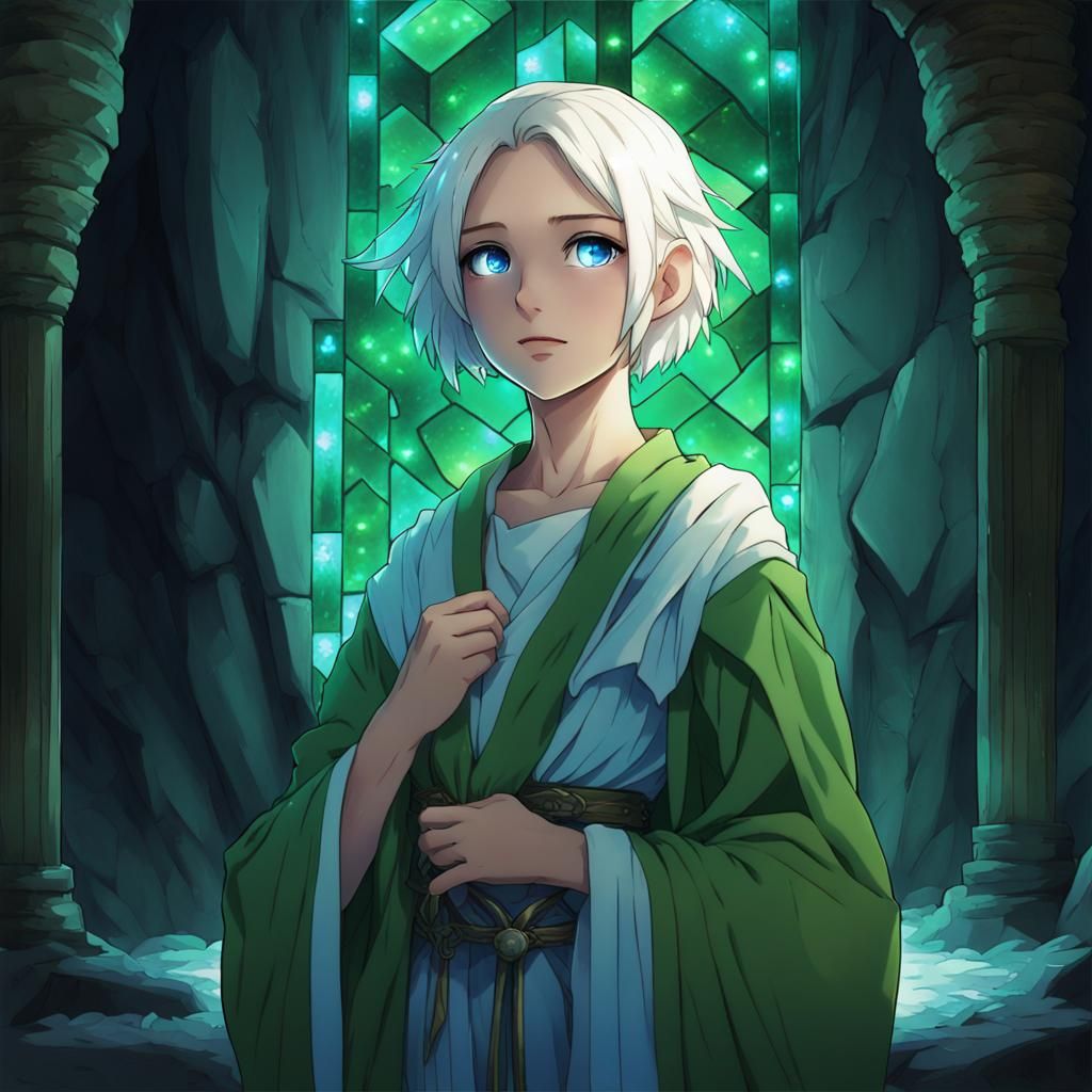 Anime Girl in Crystal Cave with Glowing Crystal