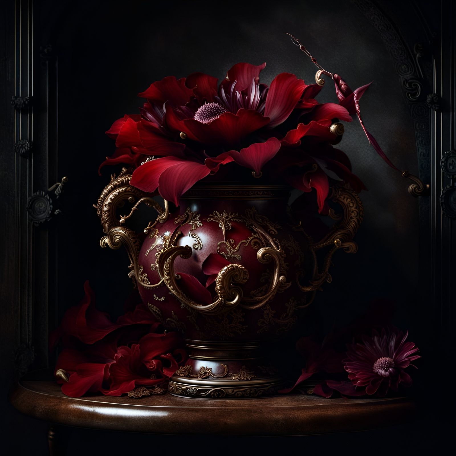 Dark Red Poisonous Flower in Antique Vase