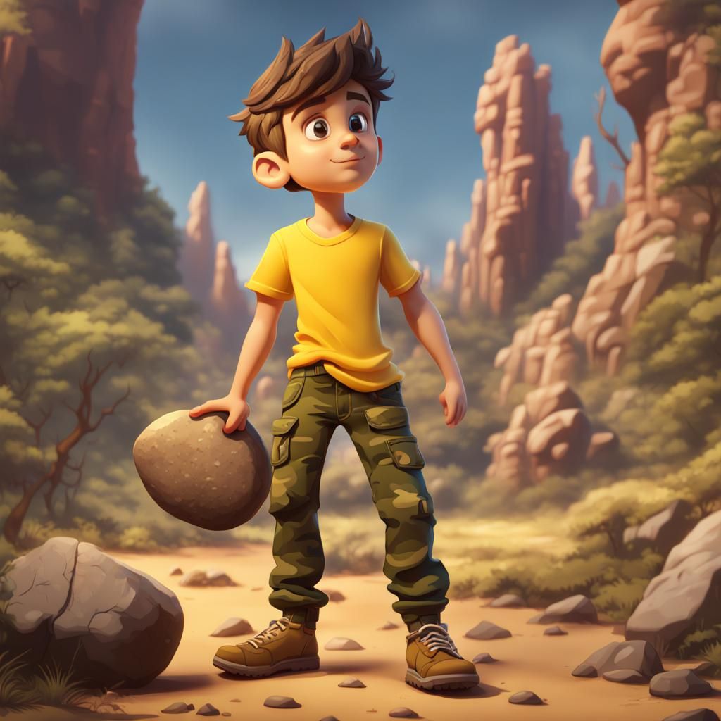 Boy Holding Rocks in Disney Cartoon Style