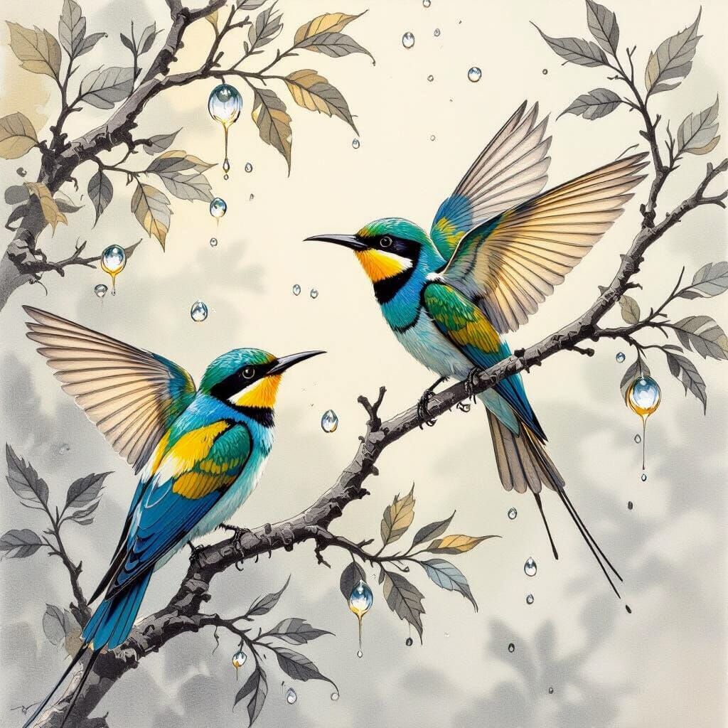 Vibrant Bee-eaters Take Flight in Detailed Charcoal Drawing