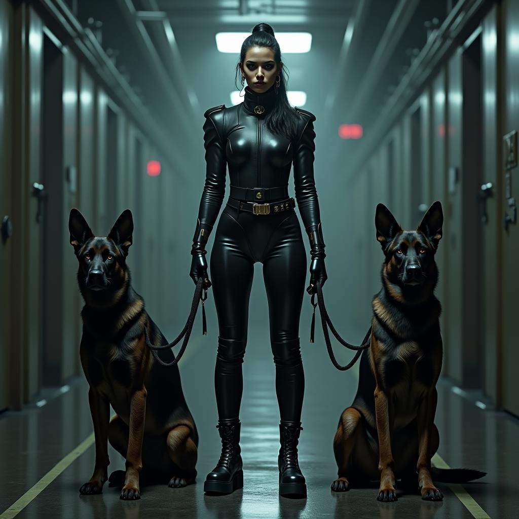 Futuristic Prison Guard in Sleek Leather Uniform