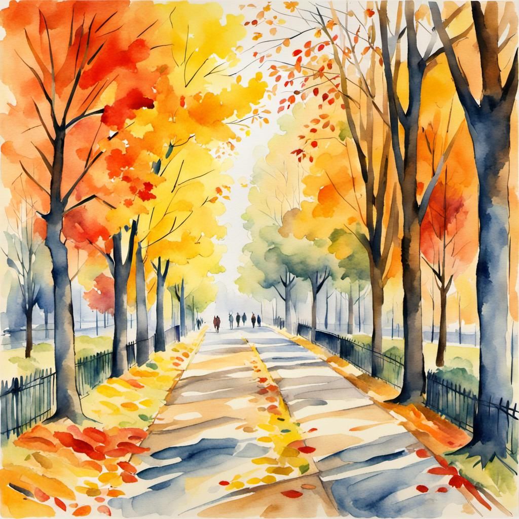Autumn Avenue in Watercolor Style