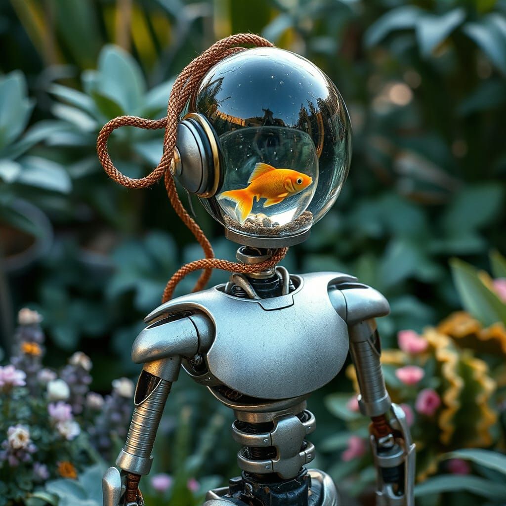Titanium Robot with Crystal Head in Futuristic Garden