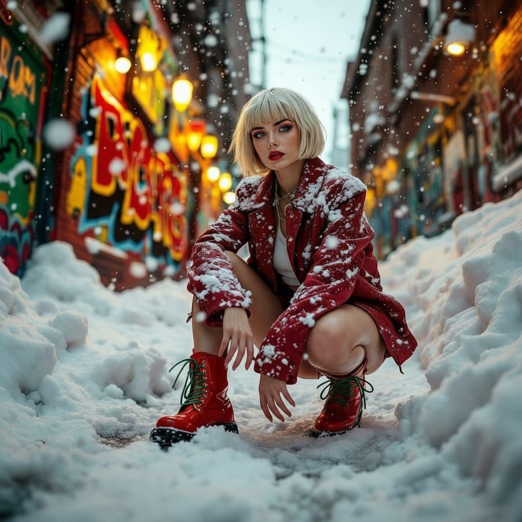 Urban Portrait of Woman in Blizzard, Vibrant Red Boots