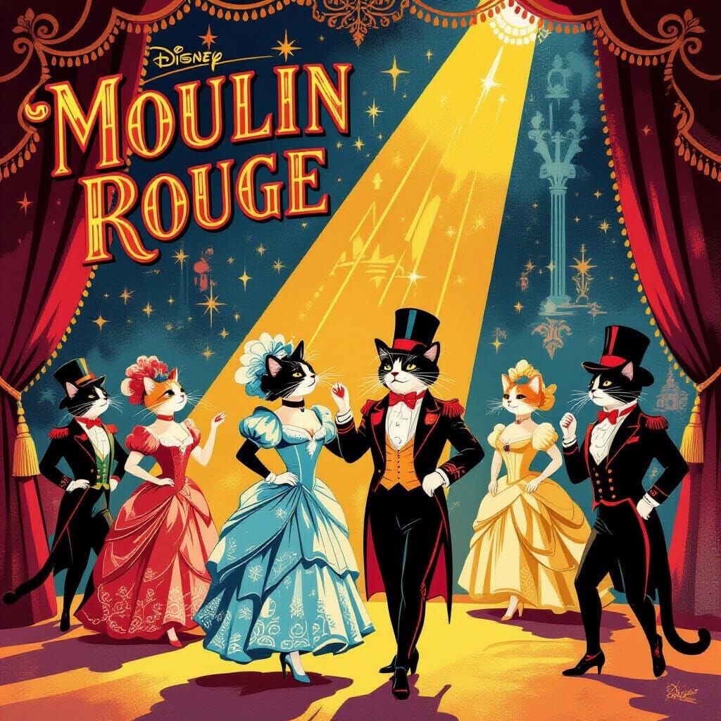 Moulin Rouge Poster with Cats in Vintage Costumes