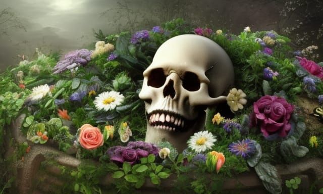 Detailed Skull with Flowers in Epic Digital Painting