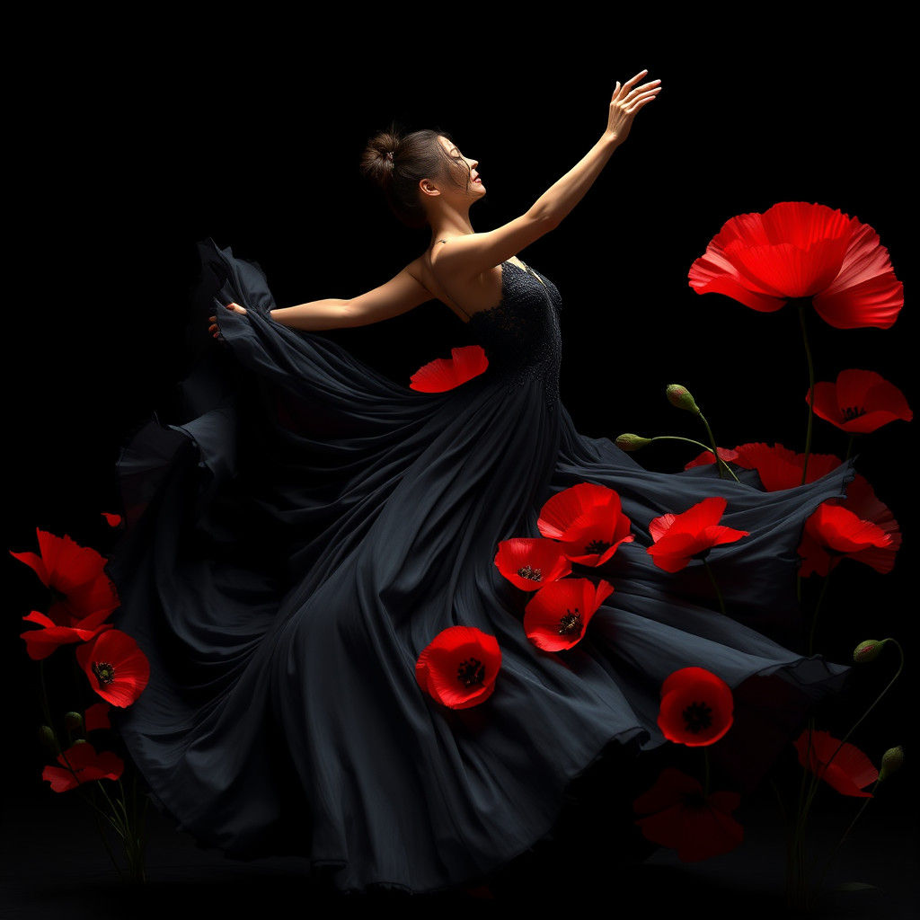 Elegant Dancer Surrounded by Red Poppies