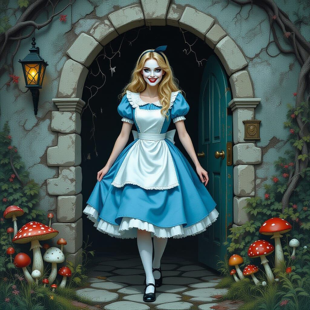 Surreal Alice in Blue Dress with Sinister Grin