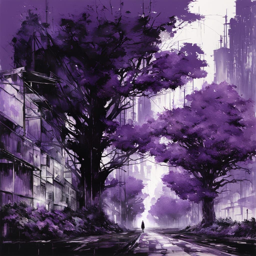 Dystopian Greenhouse with Purple Trees in Oil Painting Style