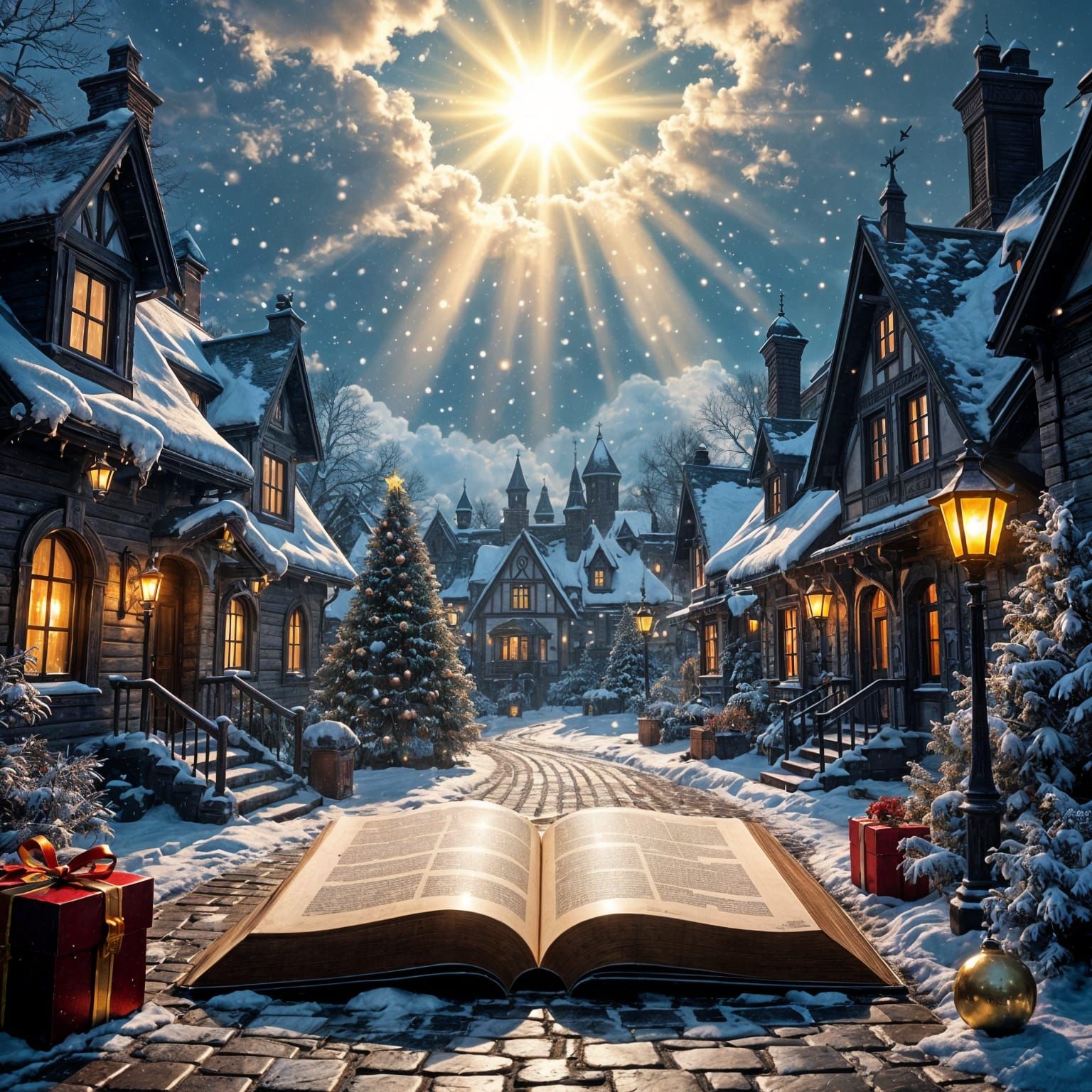 Sunlit Christmas Book Page in Mysterious Fantasy Landscape