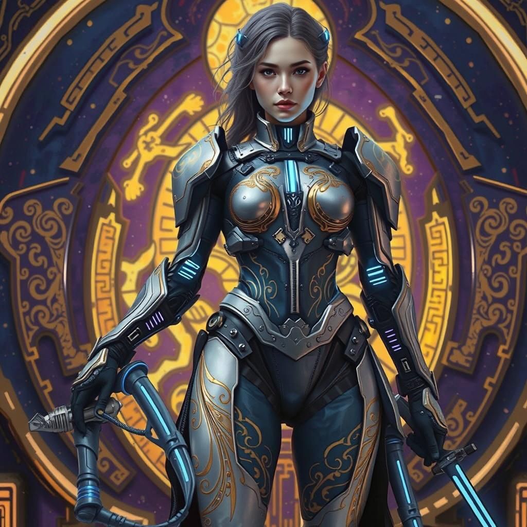 Futuristic Soldier in Exosuit with Glowing Sword