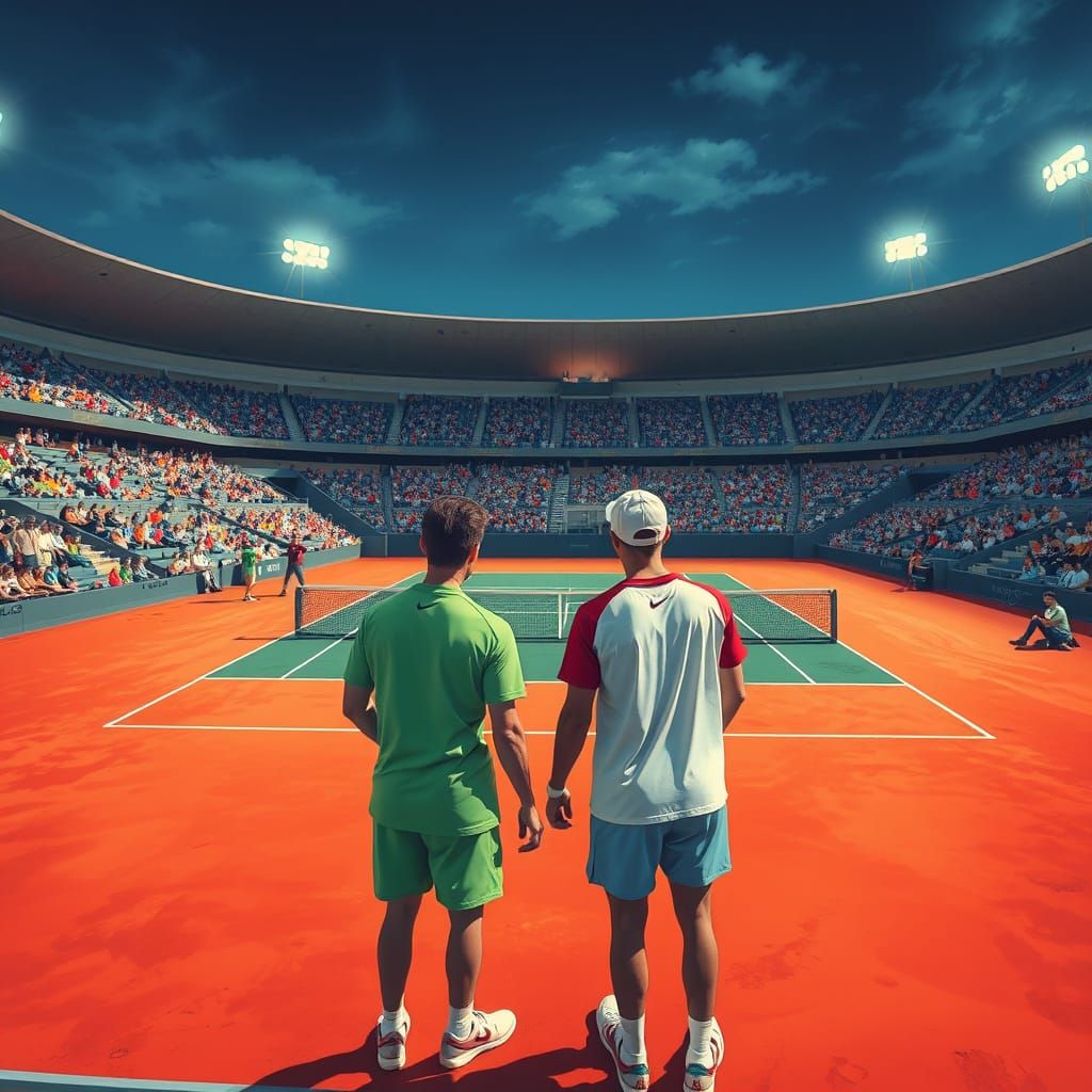 Hyperrealistic Tennis Match in Packed Stadium