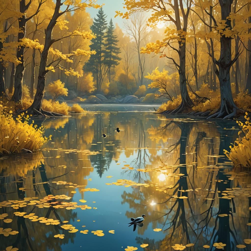 Autumnal Landscape with Yellow Flowers and Bird Reflections