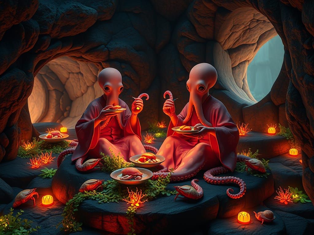 Octopus People Feast in Bioluminescent Garden