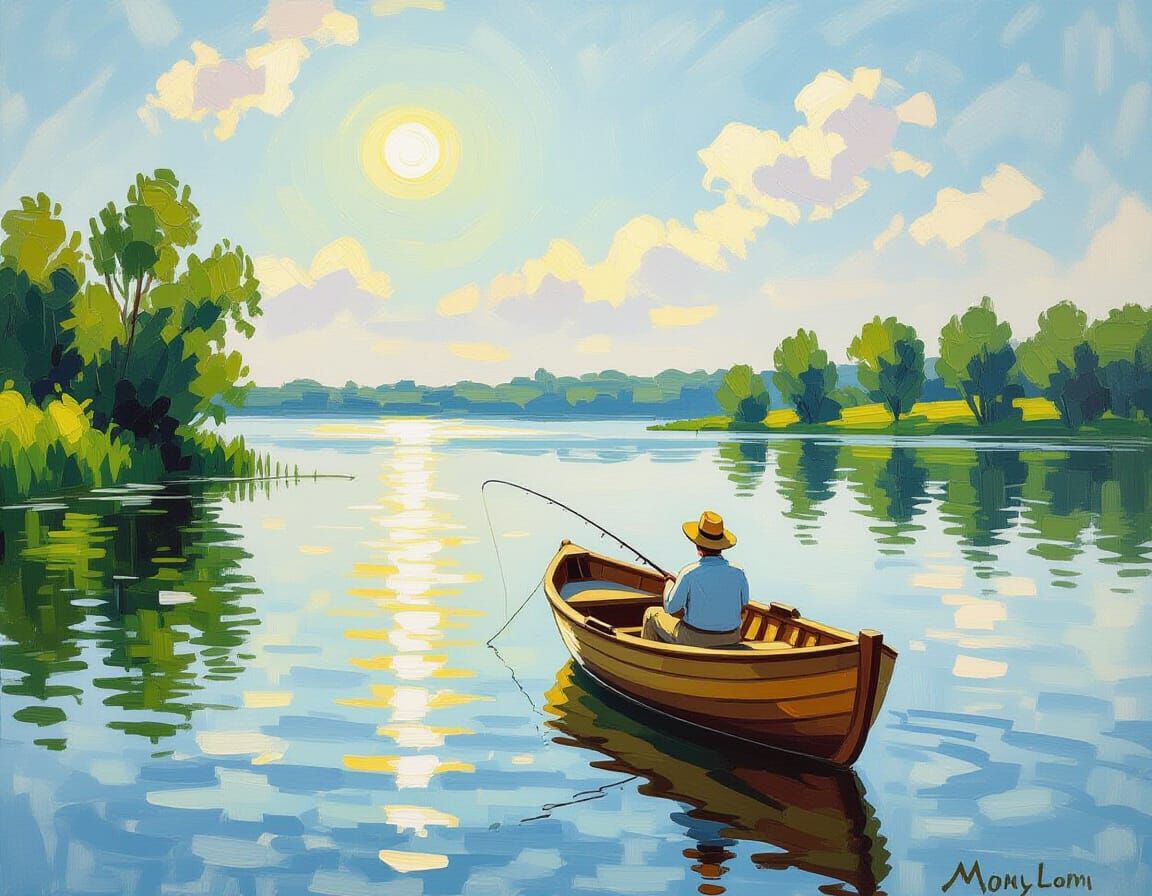 Impressionistic Oil Painting of Summer Fishing on a Calm Lak...