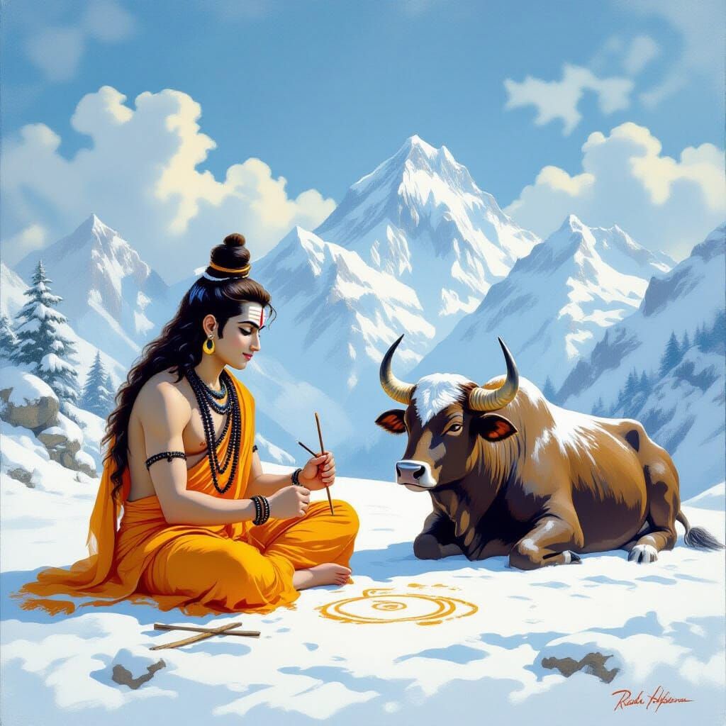 Young Shiva's Snowy Drawing, Classical Indian Style