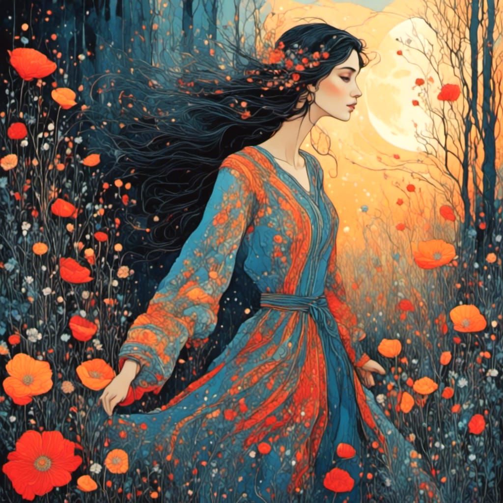 Woman Walking in Forest at Night, Palekh Style