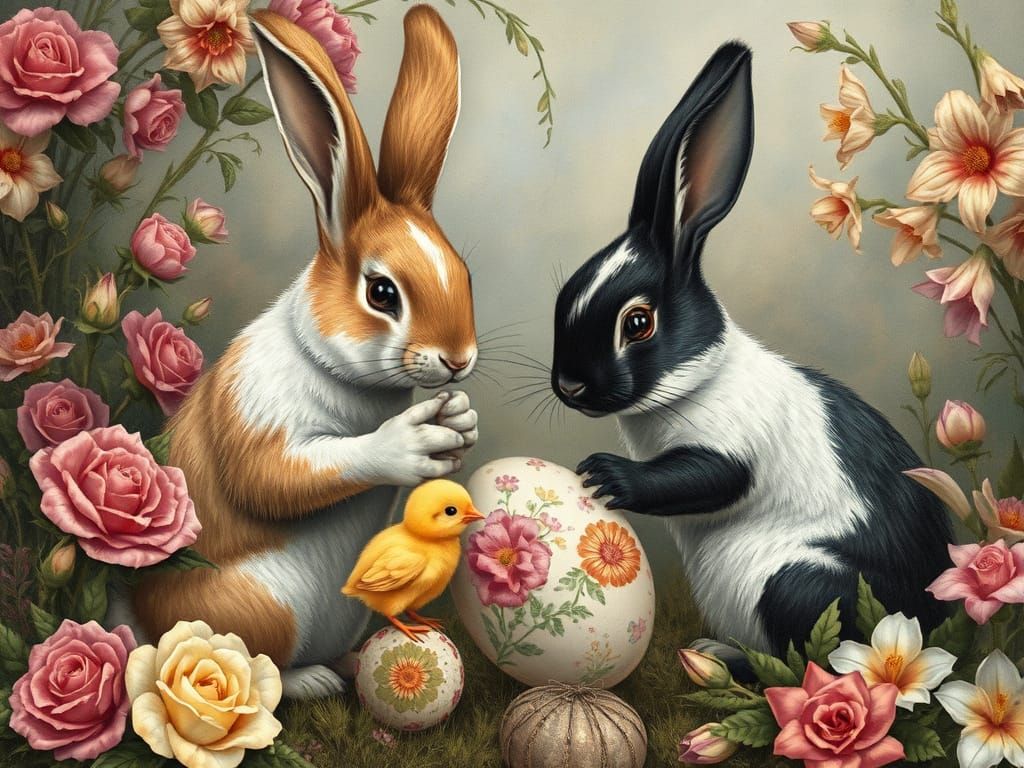 Bunnies and Chicks Painting Easter Eggs in Fairy Tale Landsc...