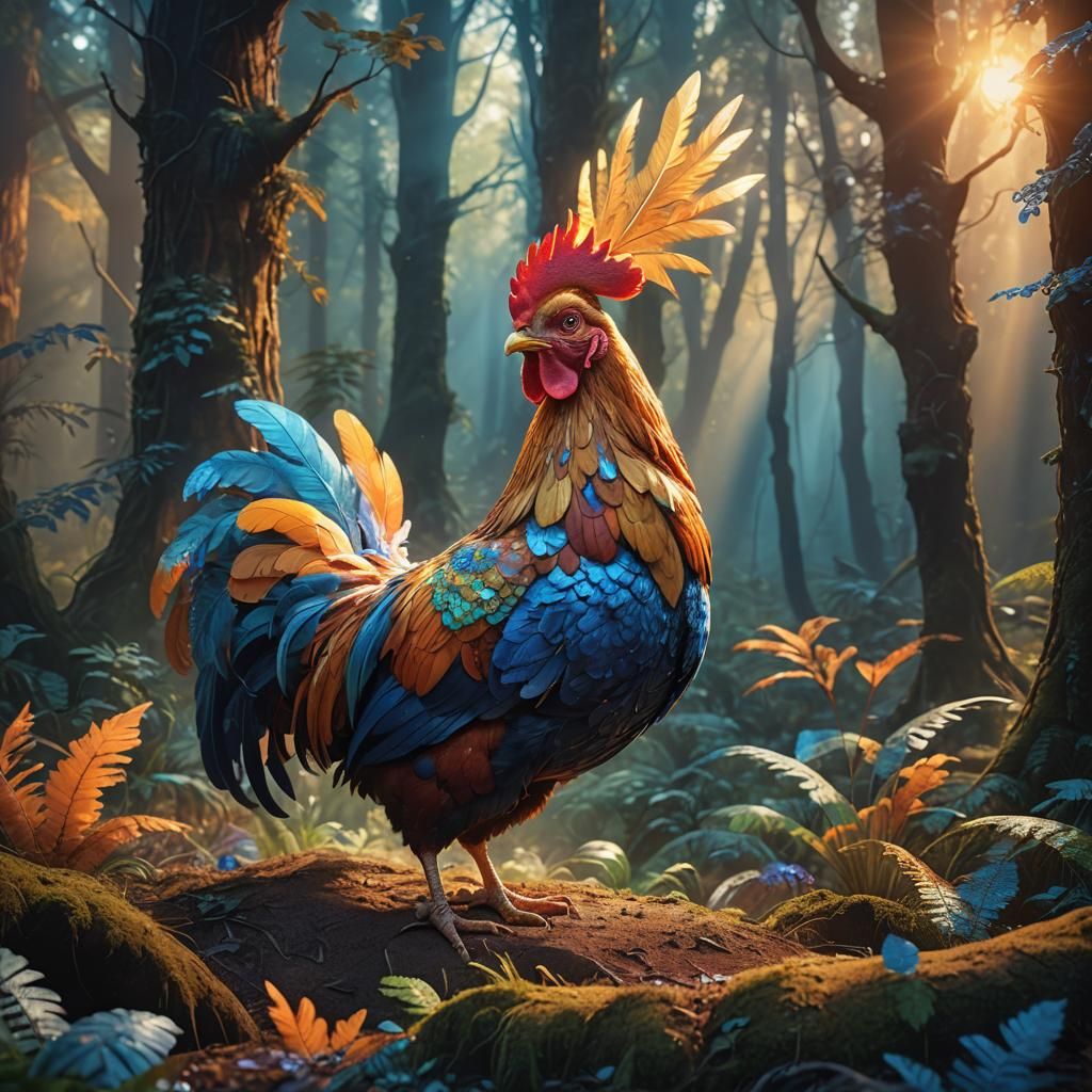 Heroic Super Chicken in Mystical Forest: Digital Painting