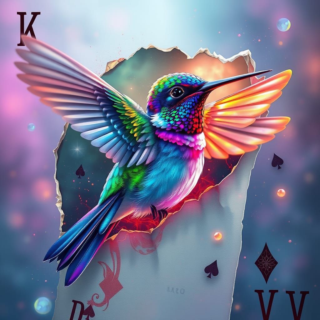 Hummingbird Emerges from Playing Card in Fantasy Art Style