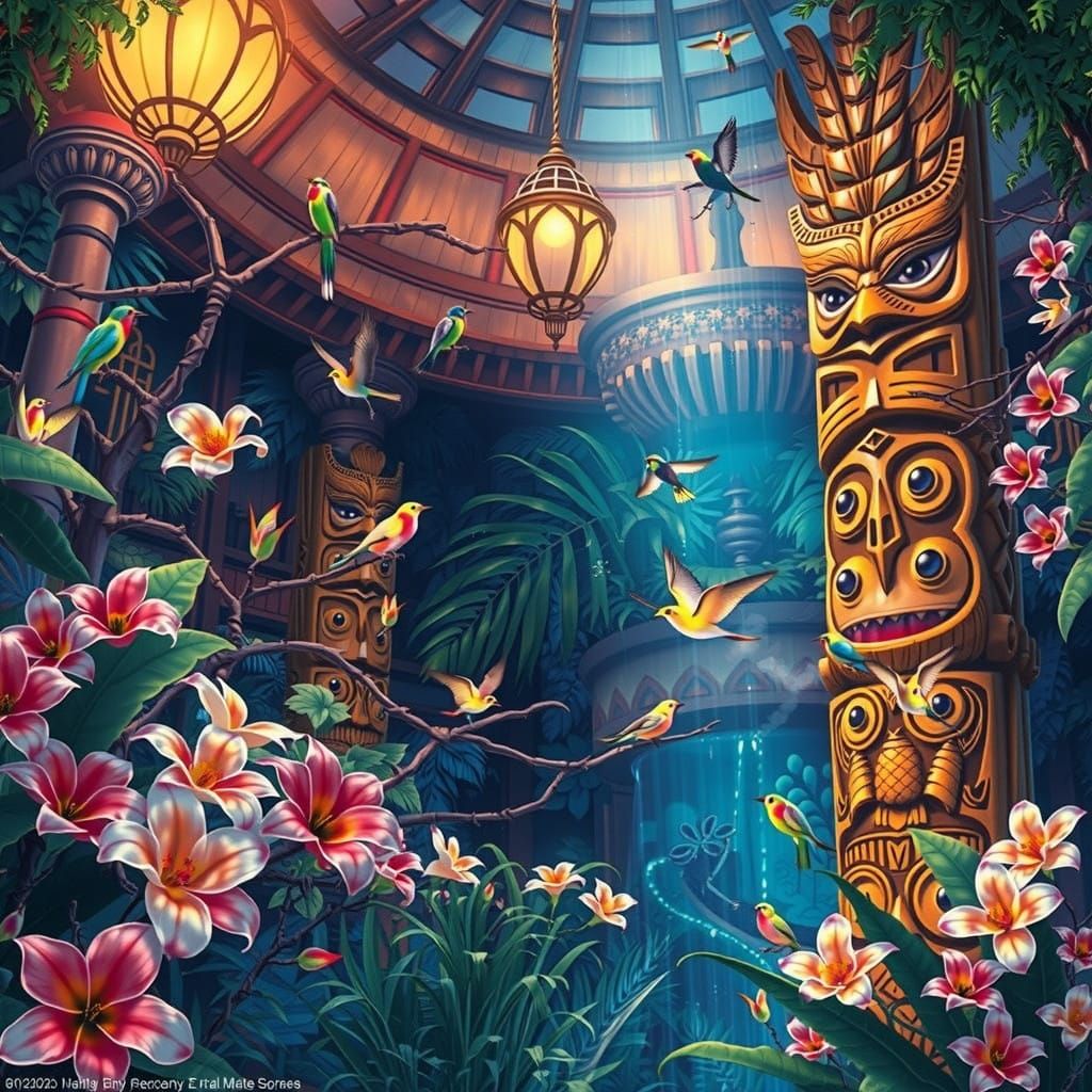 Whimsical Tiki Room Envisioned in Dreamy Fantasy Art