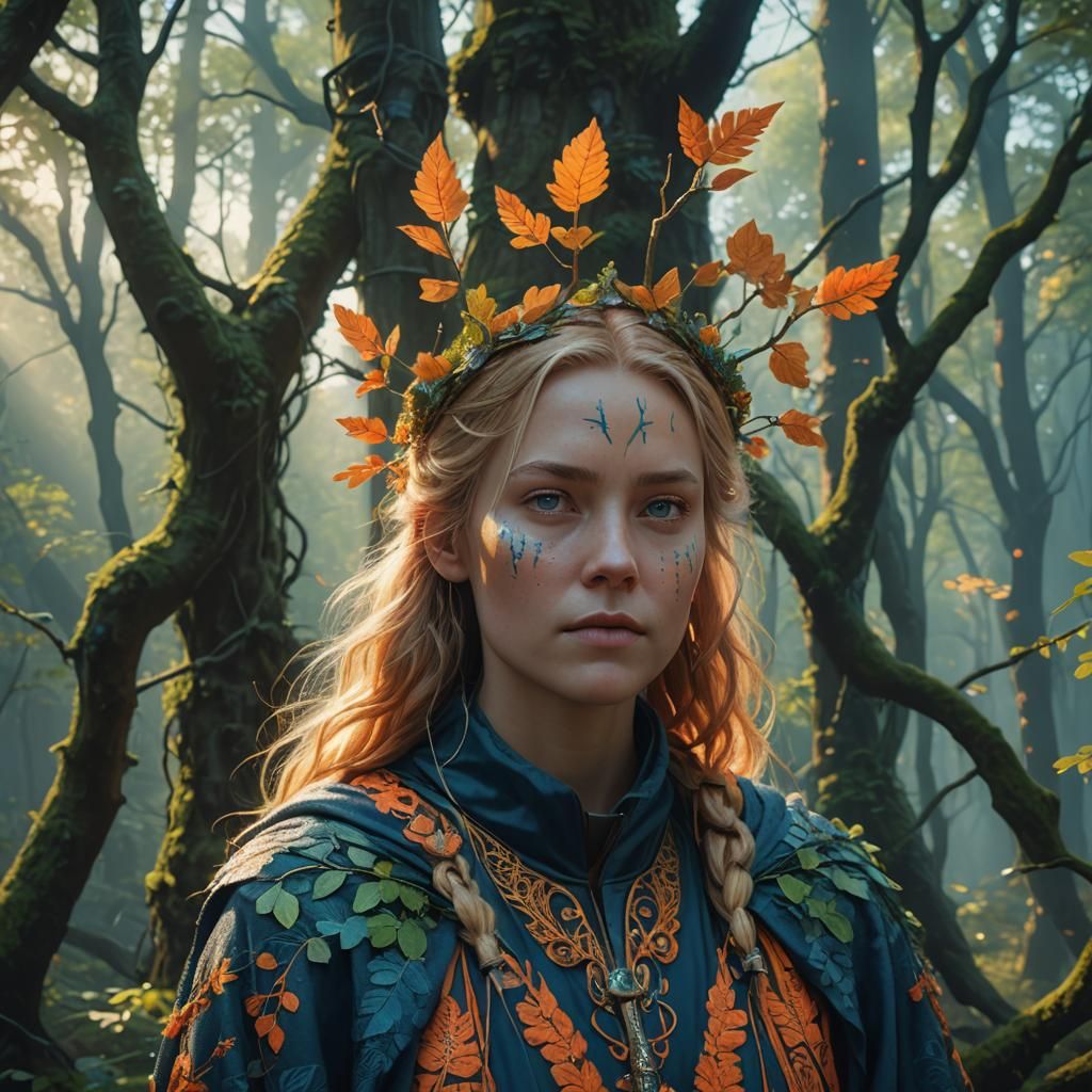 Mystical Nordic Woman in Forest, Digital Matte Painting