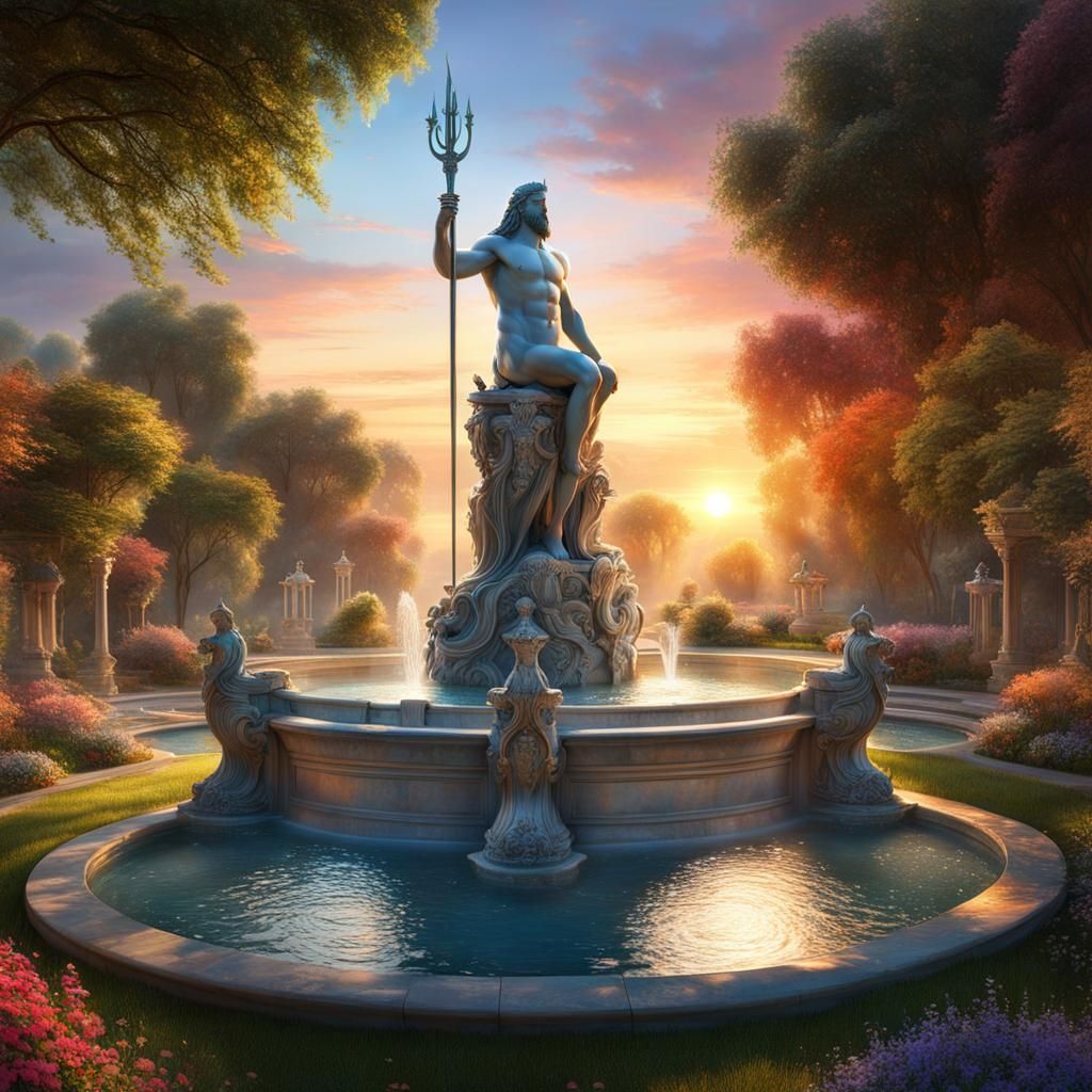Poseidon Fountain in a Fantasy Garden