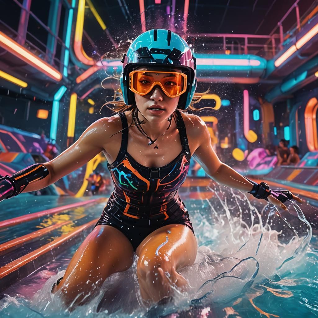 Woman on Futuristic Waterslide in Sci-Fi Water Park