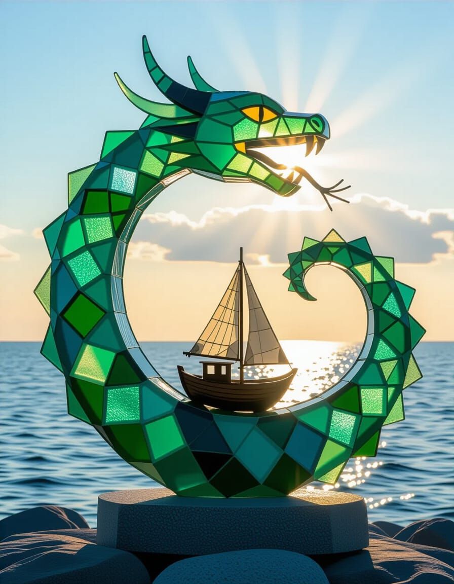 Mythic Sea Glass Serpent Sculpture Devouring Boat
