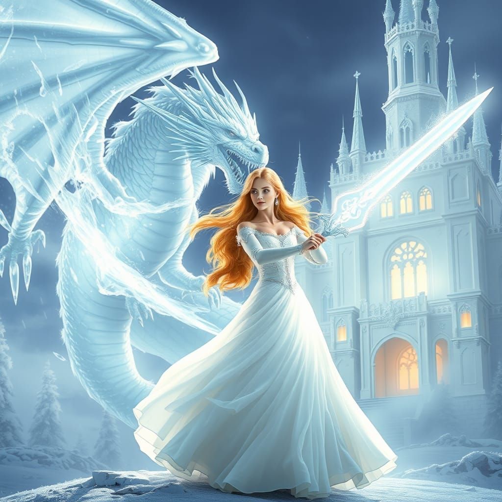 Majestic White Dragon and Princess in Ethereal Light