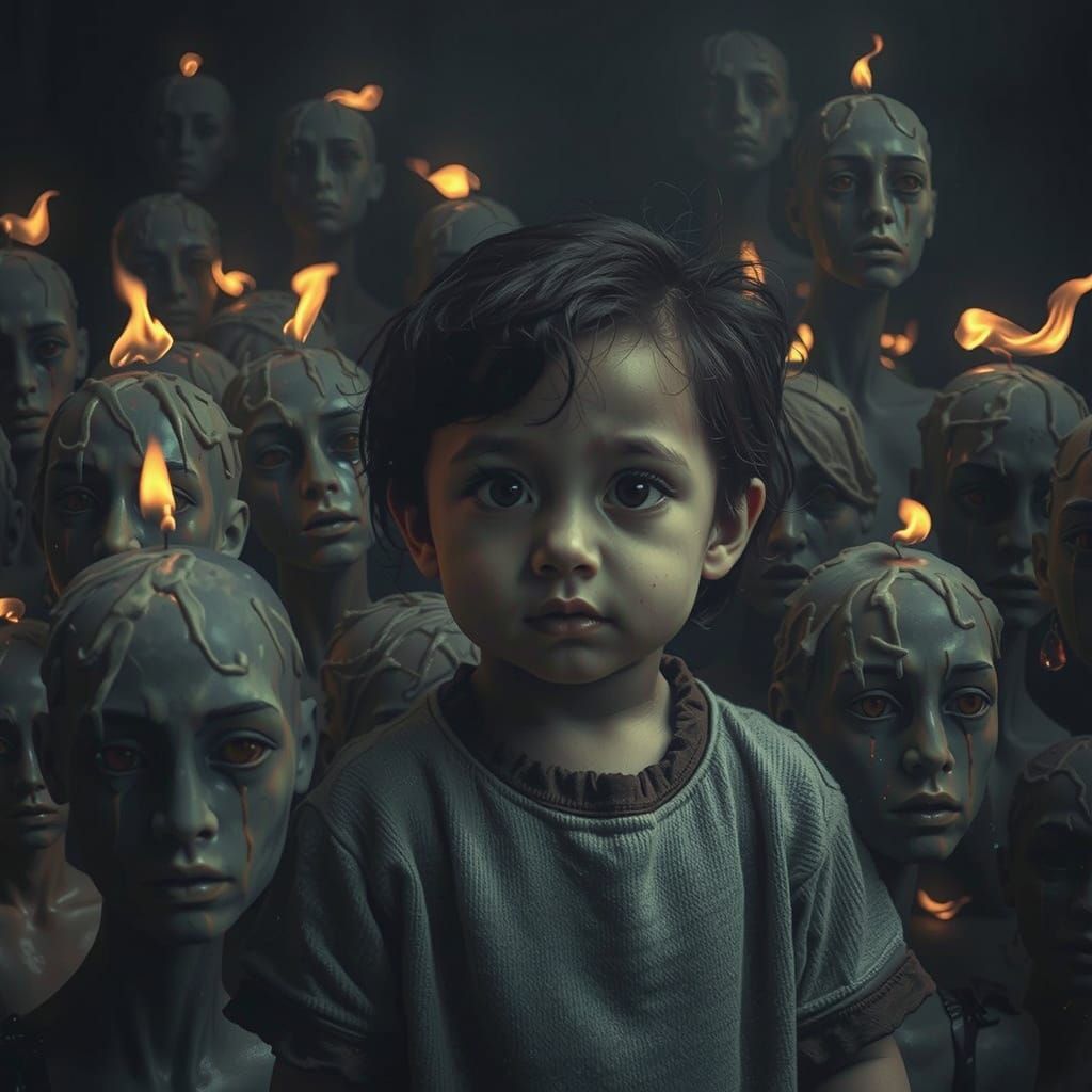 Eerie Waxen Figures in a Dark Surreal Scene