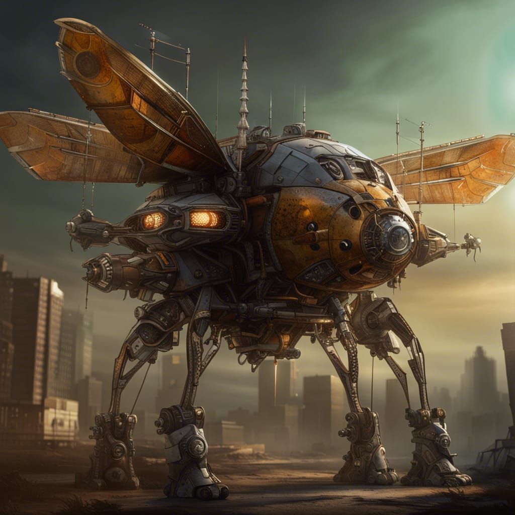 Solarpunk Dragonfly Mech Fighter in Dystopian Paradise