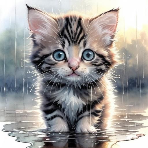 Sad Kitten in Rain: Photorealistic Watercolor Art