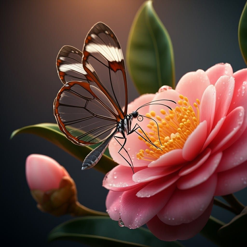 Glass-Winged Butterfly on Camelia: Photorealistic Masterpiec...