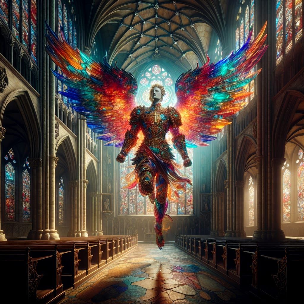 Gothic Stained Glass Saint Michael Takes Flight in Radiant C...