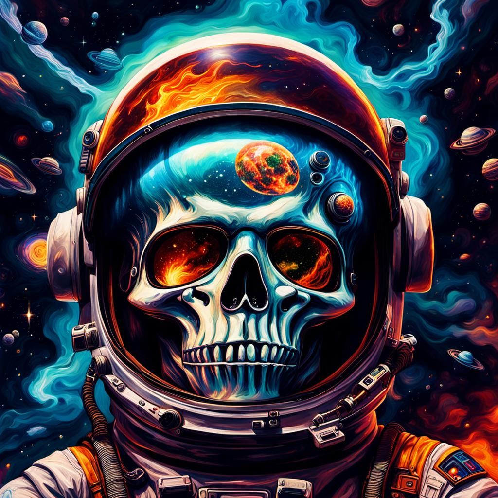 Astronaut Visor on Fire Reflecting Space as Oil Painting