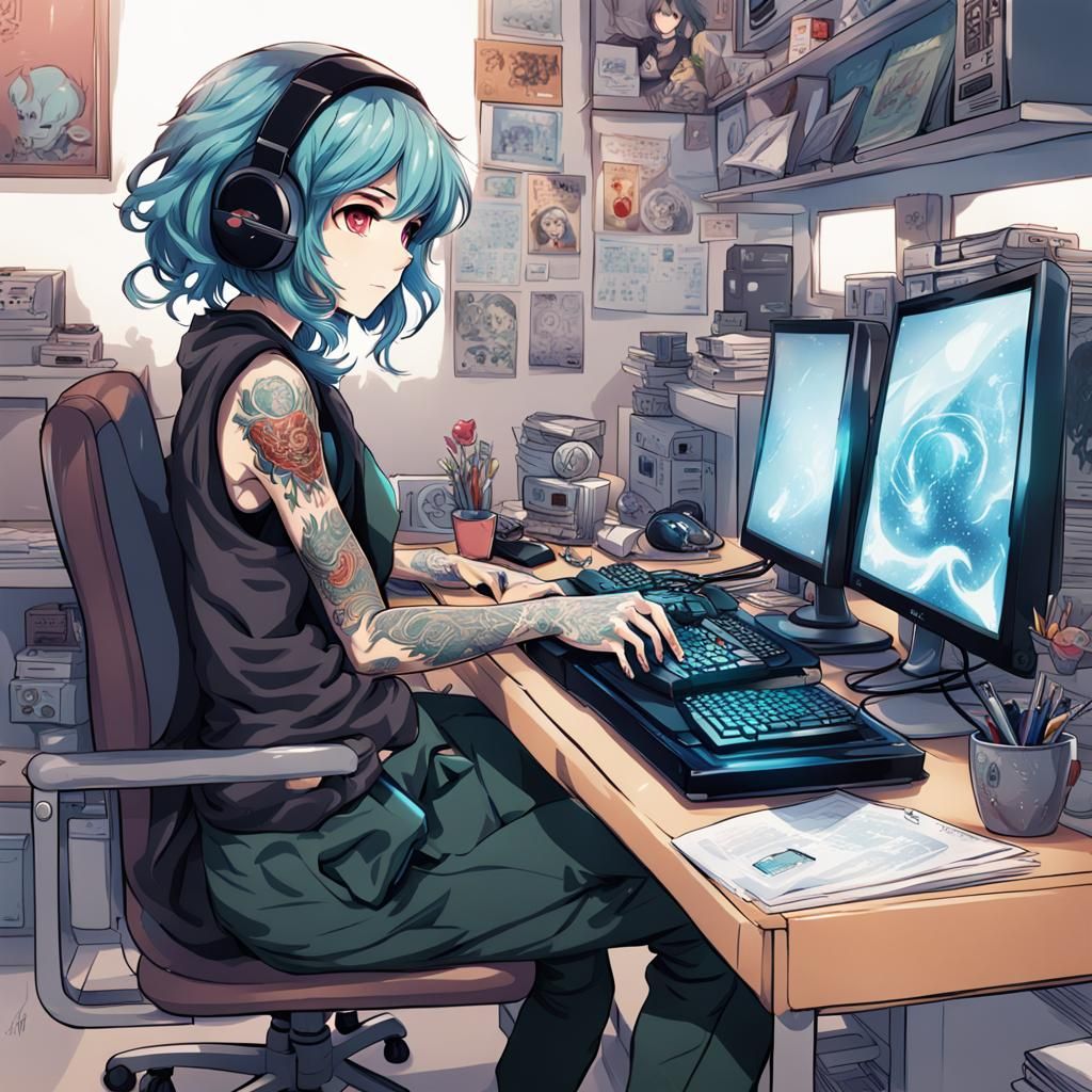 Tattooed Gamer Girl in Anime Style