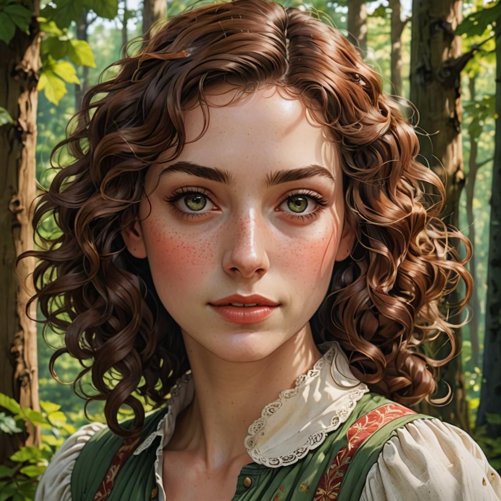 Young Woman with Chestnut Curls in Anime Style