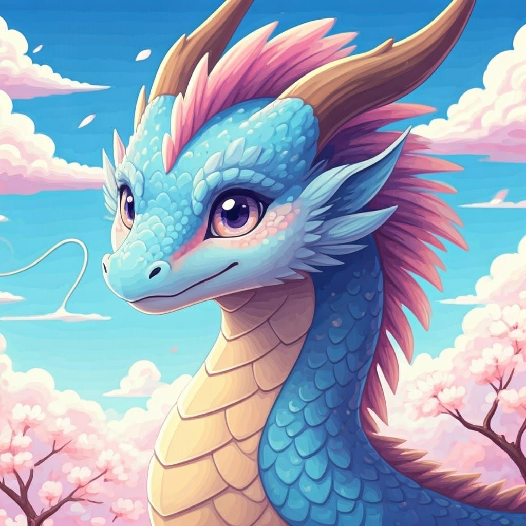 Pastel Blue Kawaii Dragon in Cherry Blossom Sky