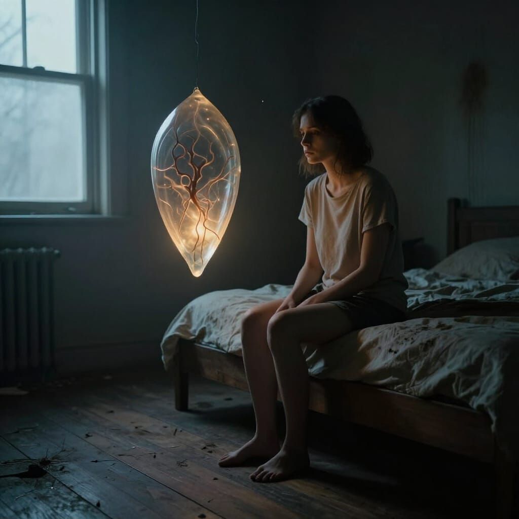 Dark Fantasy Realism: Woman in Bed with Glowing Object