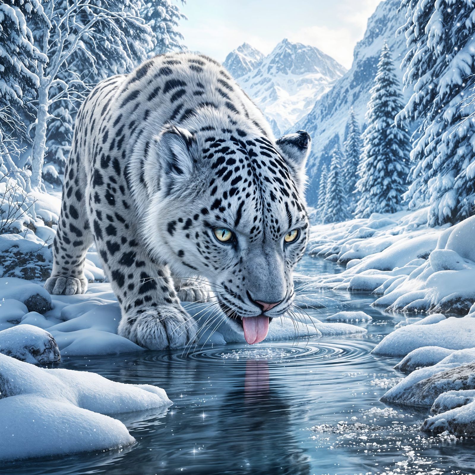 snow leopard drinking from an icy stream