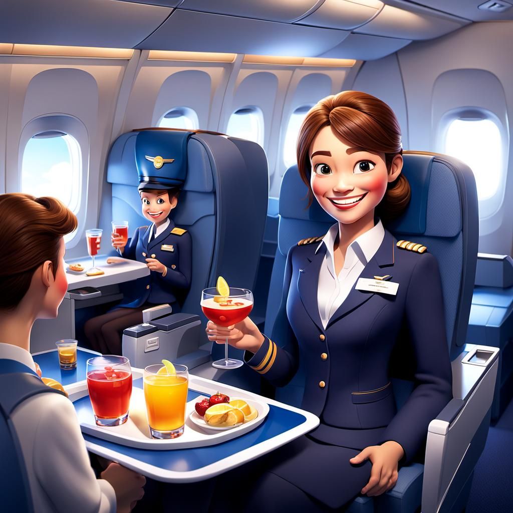 Smiling Stewardess Serving Drinks in Luxurious Airplane