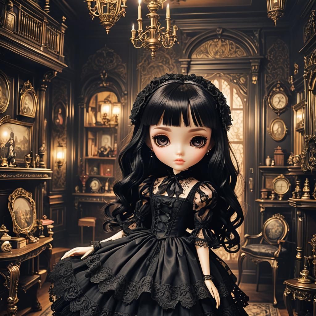 Victorian Dollhouse Interior with Gothic Anime Doll