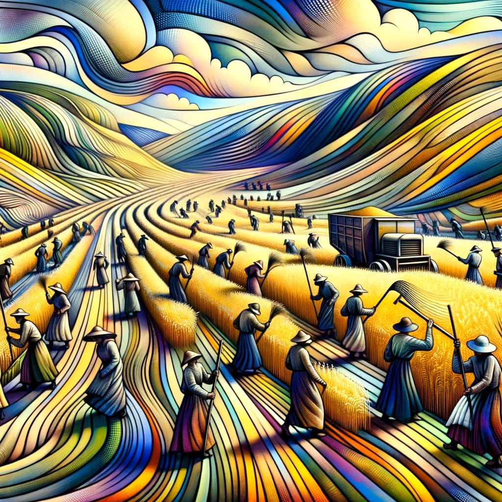 Vibrant Harvest Scene in Whimsical Surrealist Style